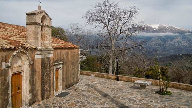 The temple of Panagia and Mt Psiloritis in the background